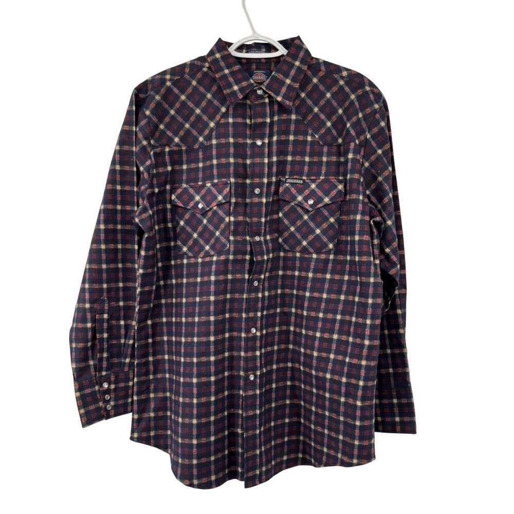 Dickies Pearl Snap Flannel Shirt Men's L Navy Orange Plaid Workwear Used